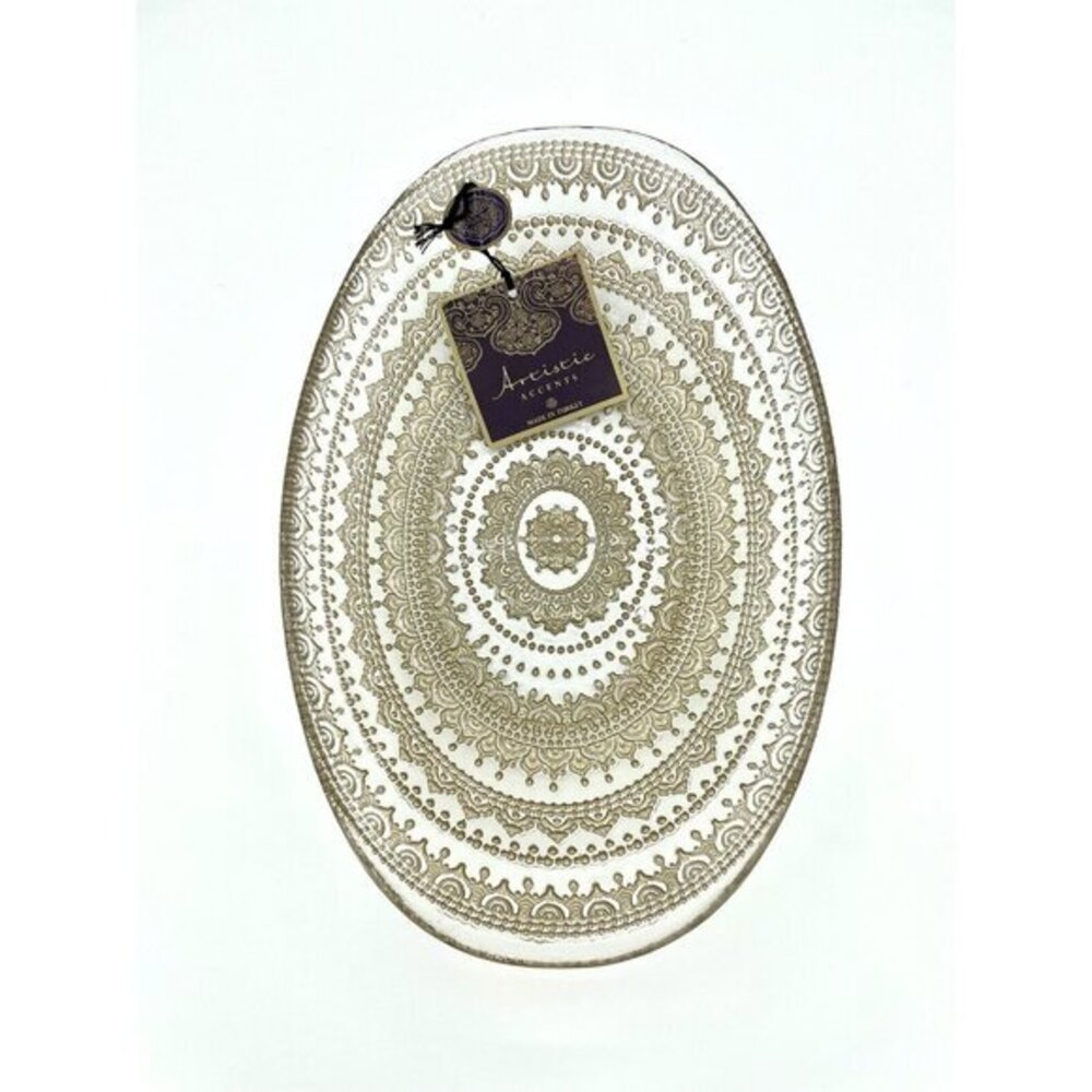 Artistic Accents Clear Glass Oval Serving Bowl Gold Lace Print Handmade NWT